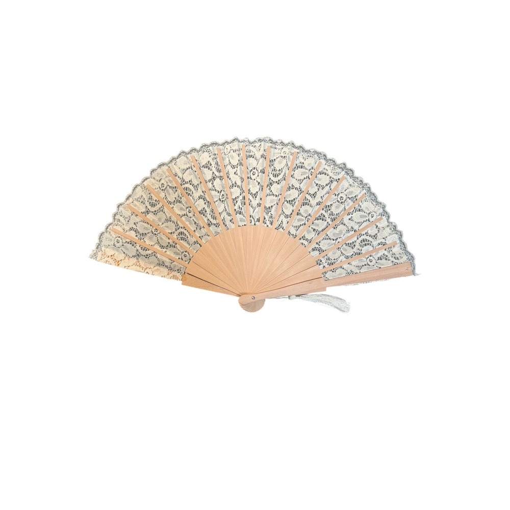 White Lace Folding Hand Fan Natural Wood Ribs with Tassel Accessory - Picture 2 of 3